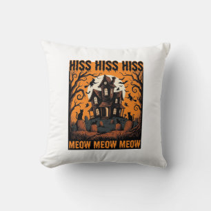 Coussin Chat d'Halloween Miaou Maison de Sorcière Vintage
