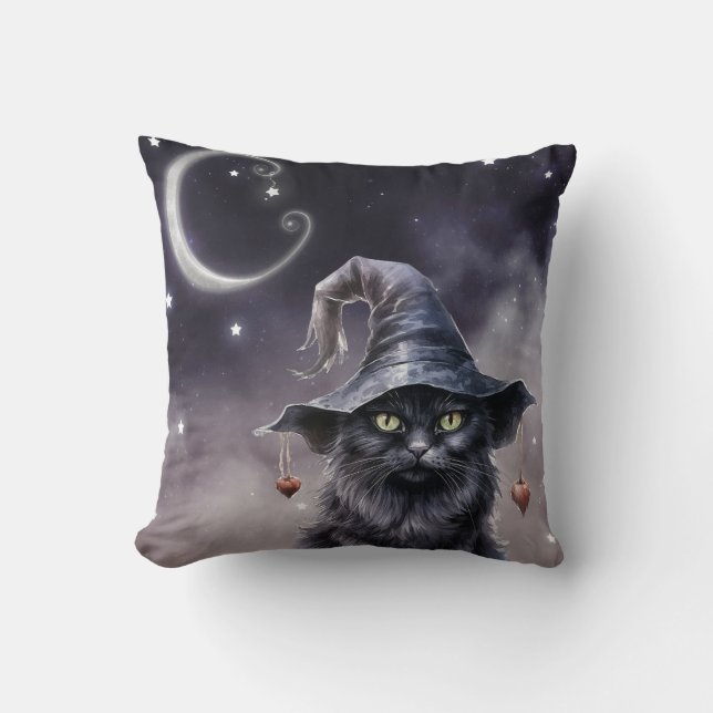 Coussin Chat d'Halloween noir portant un Casquette de sorc (Recto)