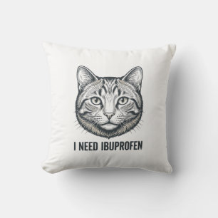 Coussin Chat drôle Ibuprofène Dessin de gravure vintage_1
