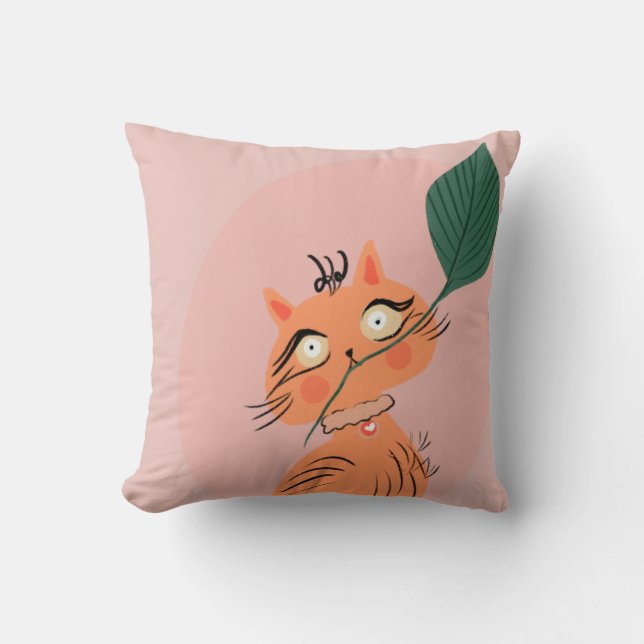 Coussin Chat drôle plante feuille dessin animé    (Recto)