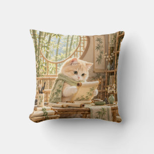 Coussin Chat en ivoire Bambou Lecture Étude