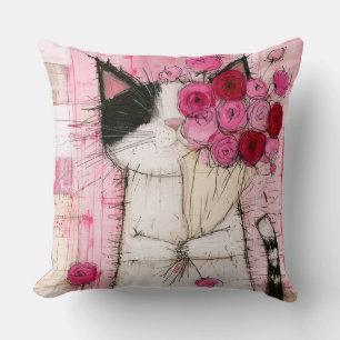 Coussin Chat en smoking tenant un bouquet de roses roses
