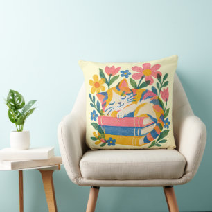 Coussin Chat endormi confortable sur des livres Fleur jeté