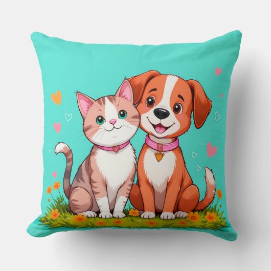 Coussin Chat et chien de dessin animé mignons assis ensemb (Recto)