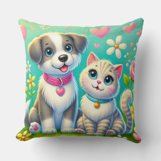 Coussin Chat et chien de dessin animé mignons assis ensemb (Recto)