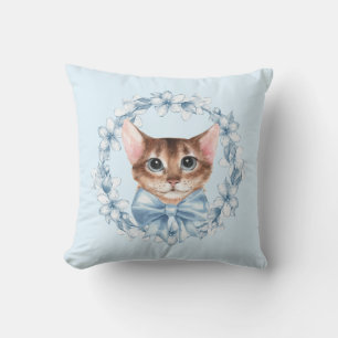 Coussin Chat et fleurs bleues