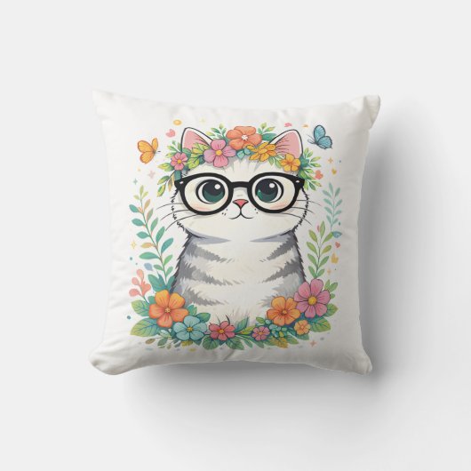 Coussin Chat Floral Mignon avec Lunettes (Recto)