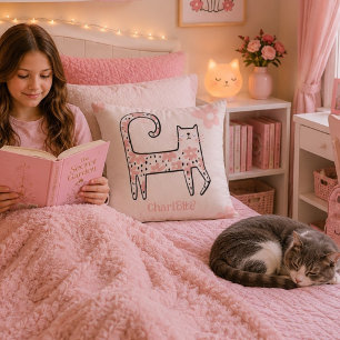 Coussin Chat floral rose fantaisiste nommé Think Pink