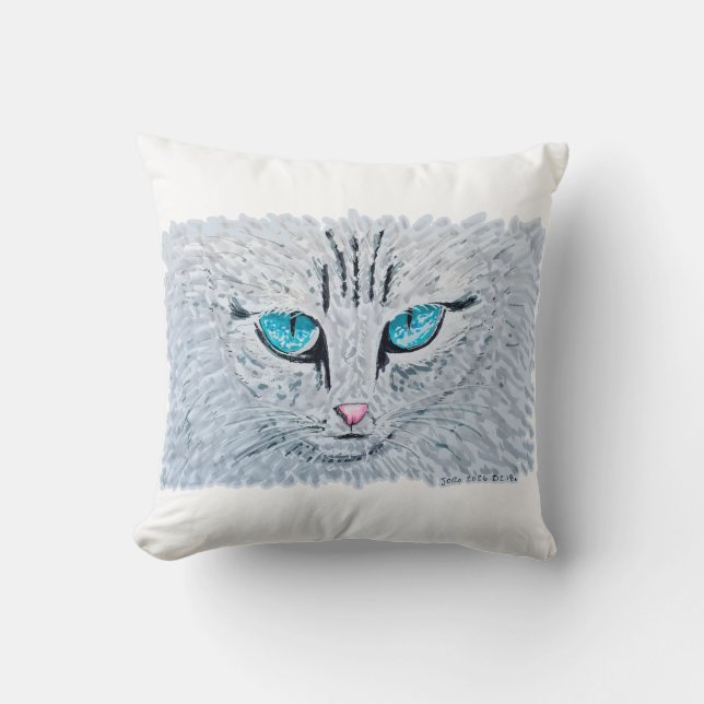 Coussin Chat Fluffy aux Yeux Bleus (Recto)