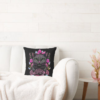 Coussin Chat gris avec Fleurs roses