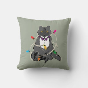 Coussin Chat Gris Enveloppé Dans Les Lumières De Noël