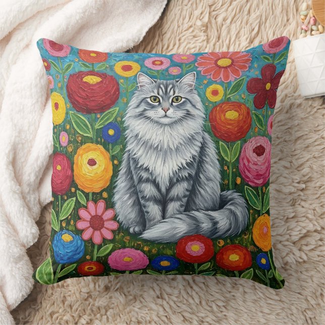 Coussin Chat gris rayé et duveteux avec des fleurs d'art p (Couverture)