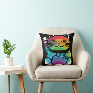 Coussin Chat japonais de bonne chance avec arc-en-ciel