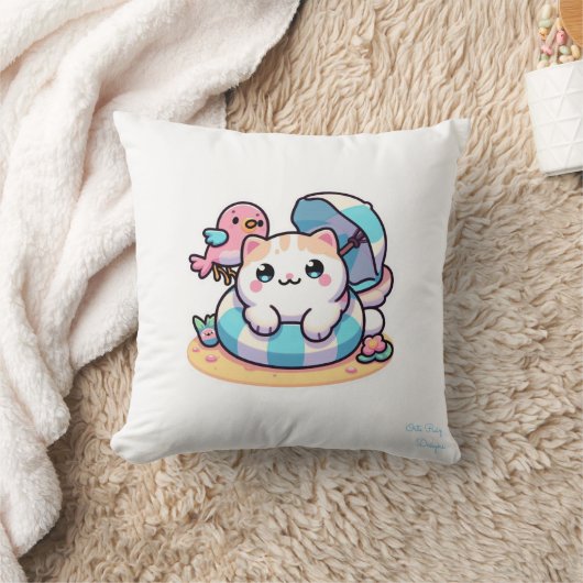 Coussin chat kawaii mignon à la plage Jeter l'oreiller (Couverture)