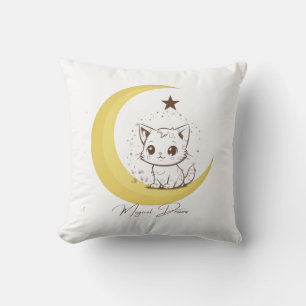 Coussin Chat Magique Mignon sur Rêves Étoilés de Lune - Ro