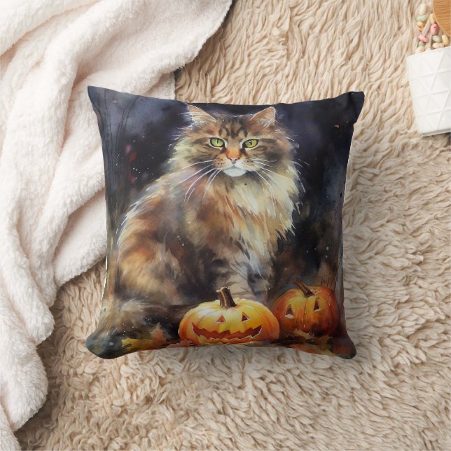Coussin Chat Maine Coon Halloween avec citrouilles effraya (Couverture)
