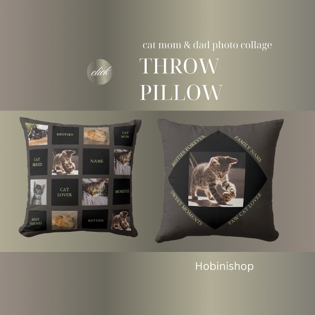 Coussin chat maman & chat papa photo collage jeter oreille (cat mom & cat Dad photo collage throw pillow)