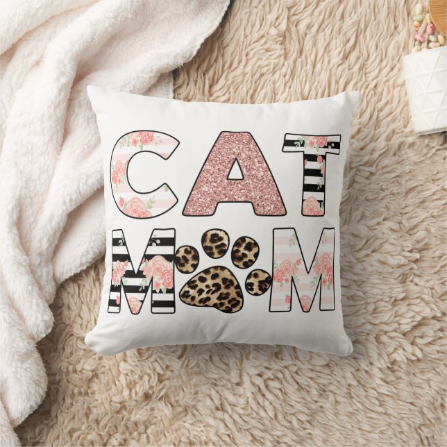 Coussin Chat Maman Rose Floral & Leopard Paw (Couverture)
