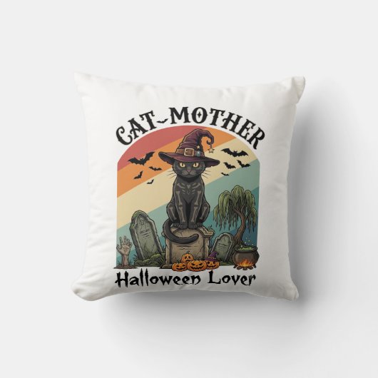 Coussin Chat Mère Halloween Amant Chapeau de Sorcière Noir (Recto)