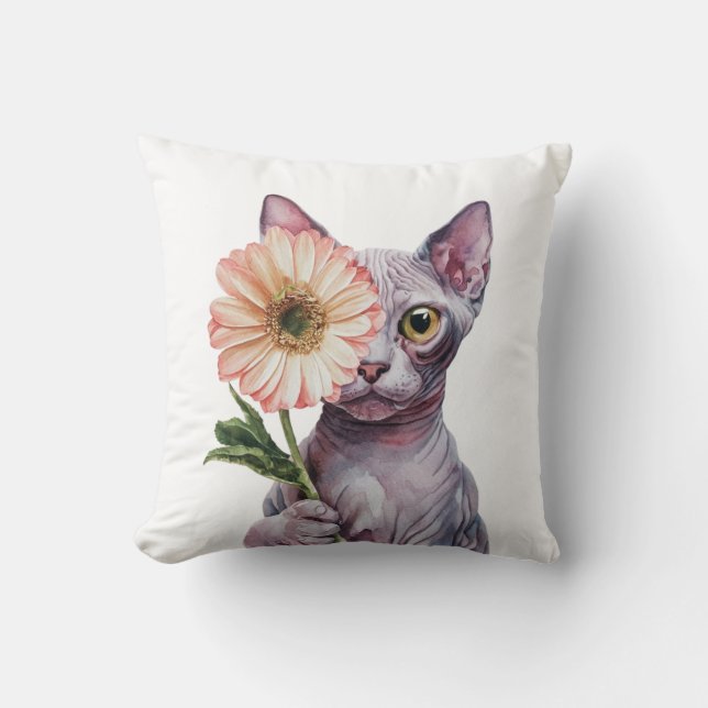 Coussin Chat mignon avec grande fleur| Chat Sphynx adorabl (Recto)