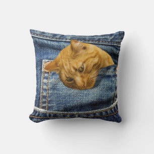 Coussin Chat mignon en jean poche illusion drôle