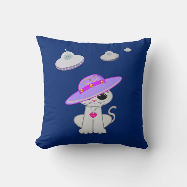 Coussin Chat mignon et soucoupes volantes (Recto)