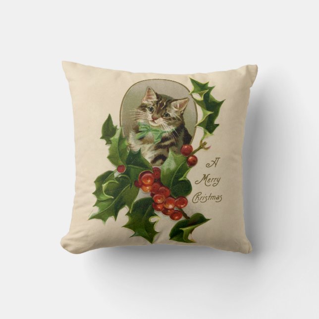 Coussin Chat Noël Joyau Holly Kitten Art antique (Recto)
