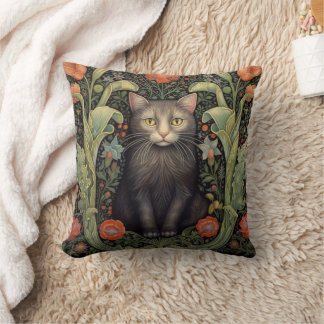 Coussin Chat noir Art nouveau et fleurs rouges