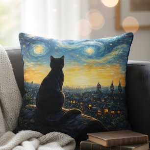 Coussin Chat noir artistique et ville céleste décorative