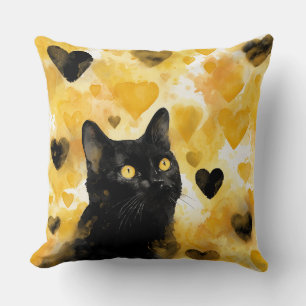 Coussin Chat noir avec cœurs or et noirs