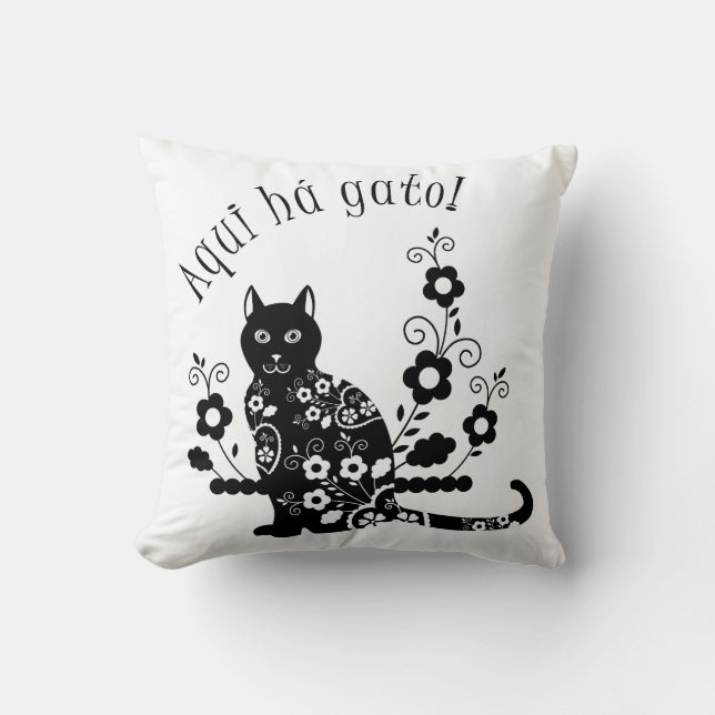Coussin Chat noir avec fleurs et expression portugaise (Recto)