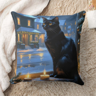 Coussin Chat Noir Avec Lumières De Noël Férié