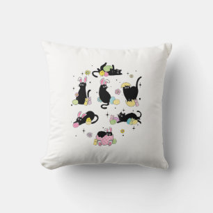 Coussin Chat Noir avec Œufs de Lapin Jour de Pâques Heureu