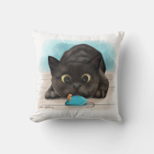 Coussin Chat Noir avec Souris Jouet Dessin Animé