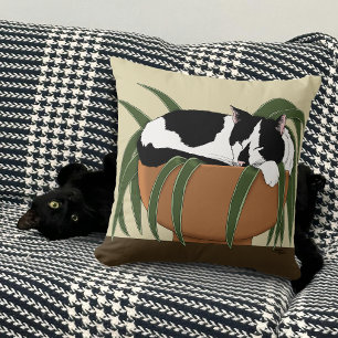 Coussin Chat noir blanc Plante drôle