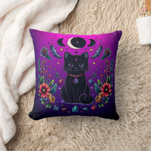 Coussin Chat Noir Céleste Mystique Rose Violet