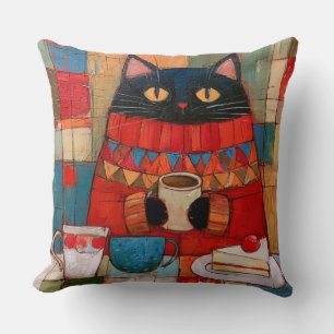 Coussin Chat noir confortable buvant du café au café