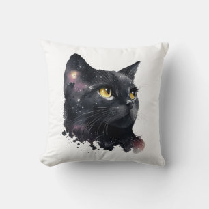 Coussin Chat noir cosmique Aquarelle étoile Nuit Feline