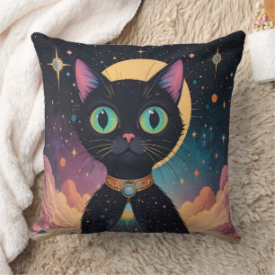 Coussin Chat noir cosmique futuriste atomique en clair de 