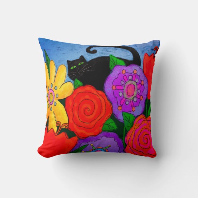 Coussin Chat noir dans le jardin (Recto)