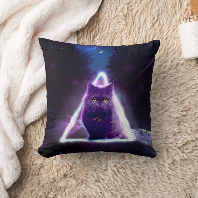 Coussin Chat noir dans le triangle hipster néon bleu (Couverture)
