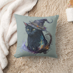 Coussin Chat noir dans un chapeau de sorcière fumée verte