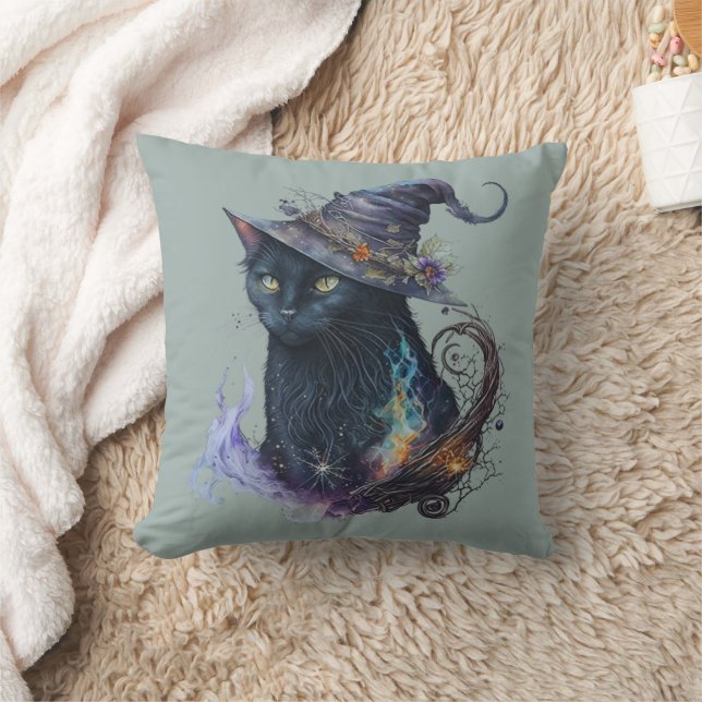 Coussin Chat noir dans un chapeau de sorcière fumée verte  (Couverture)