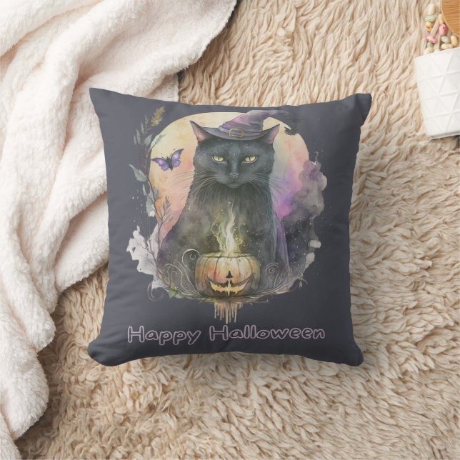 Coussin Chat noir dans un chapeau de sorcière gris céleste (Couverture)