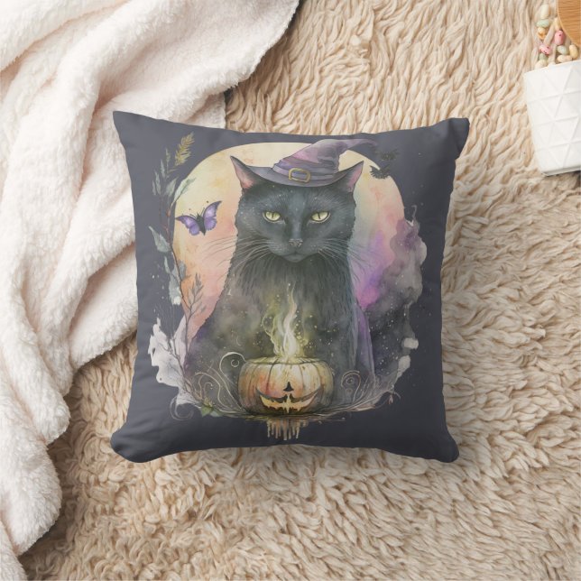 Coussin Chat noir dans un chapeau de sorcière gris céleste (Couverture)
