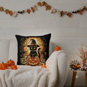 Coussin Chat noir de Halloween Citrouille Sorcière Chat Éc