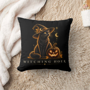 Coussin Chat noir de l'heure de sorcellerie Halloween Sorc