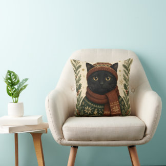 Coussin Chat noir de Noël vintage