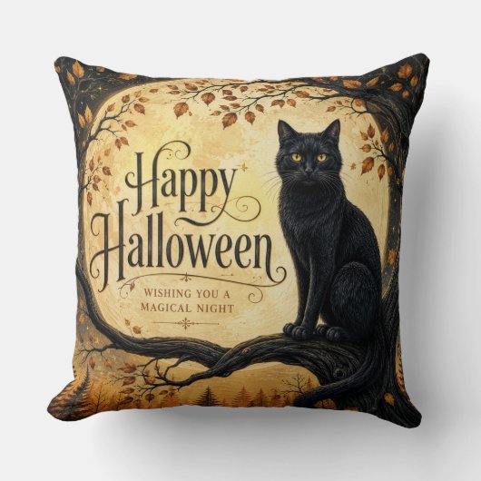 Coussin Chat noir d'Halloween arbre pleine lune (Recto)