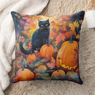 Coussin Chat noir d'Halloween avec la peur Citrouille